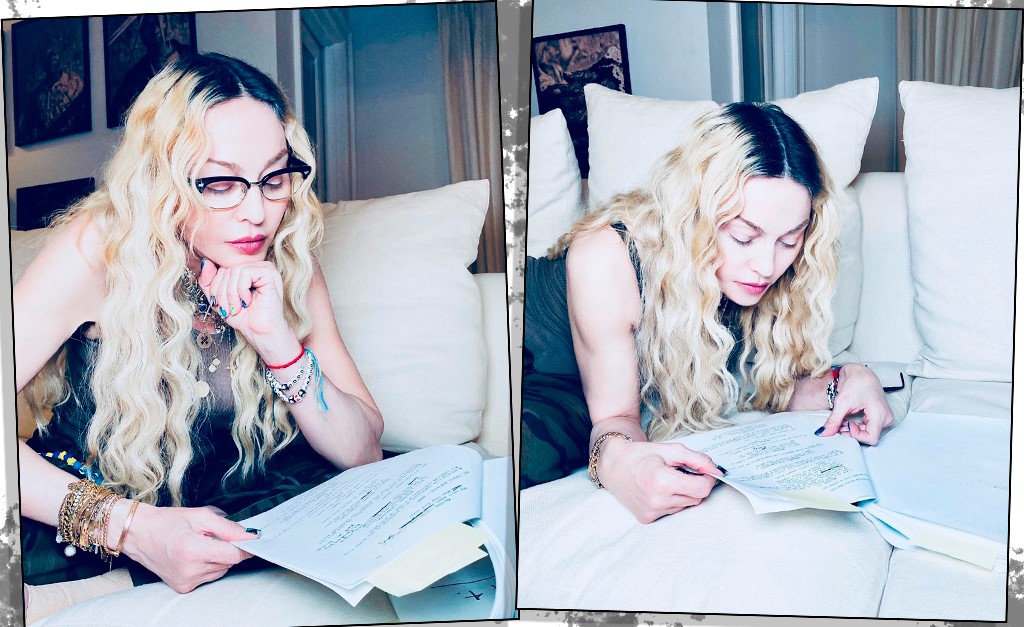 Duas fotos de diferentes ângulos de Madonna escrevendo e lendo um roteiro de filme