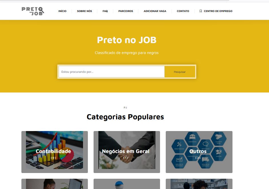 Captura da página inicial do site Preto no Job, plataforma que reúne oportunidades de emprego para comunidade negra
