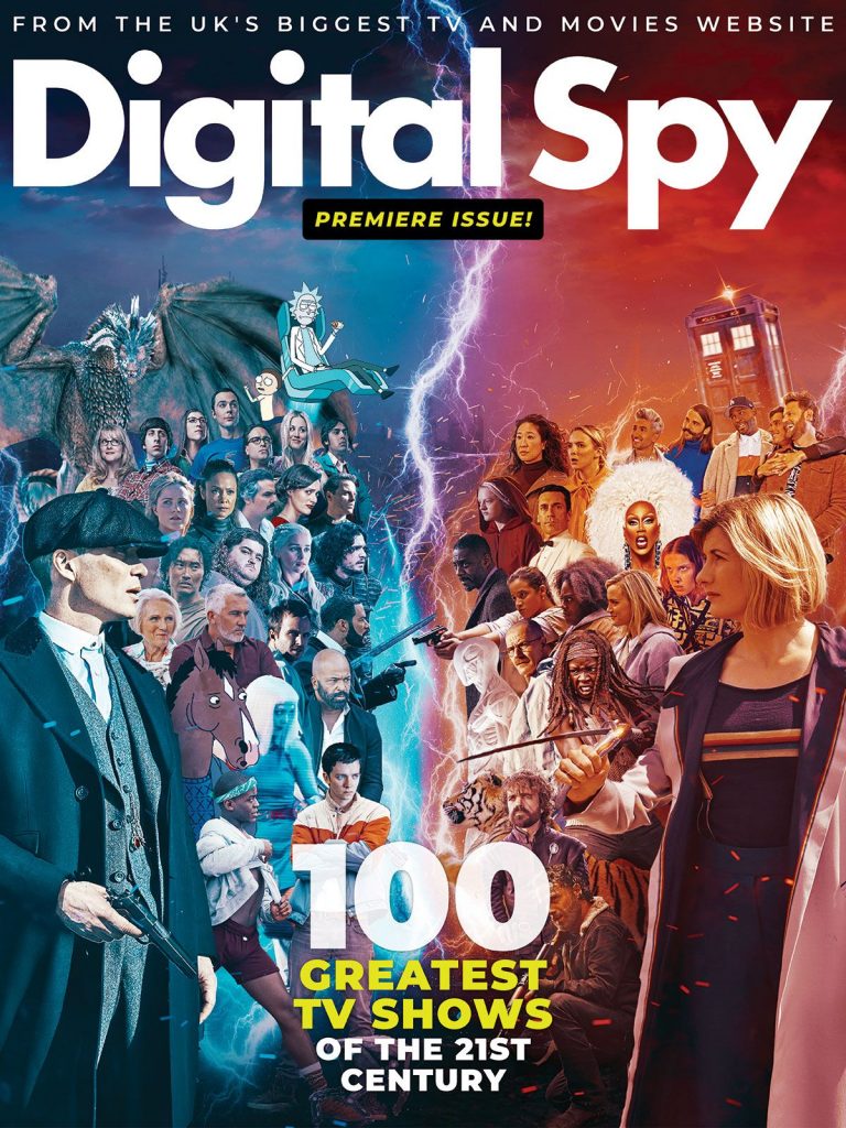 Capa a revista Digital Spy com vários personagens de diferentes séries e a chamada para a escolha das 100 melhores séries do século21