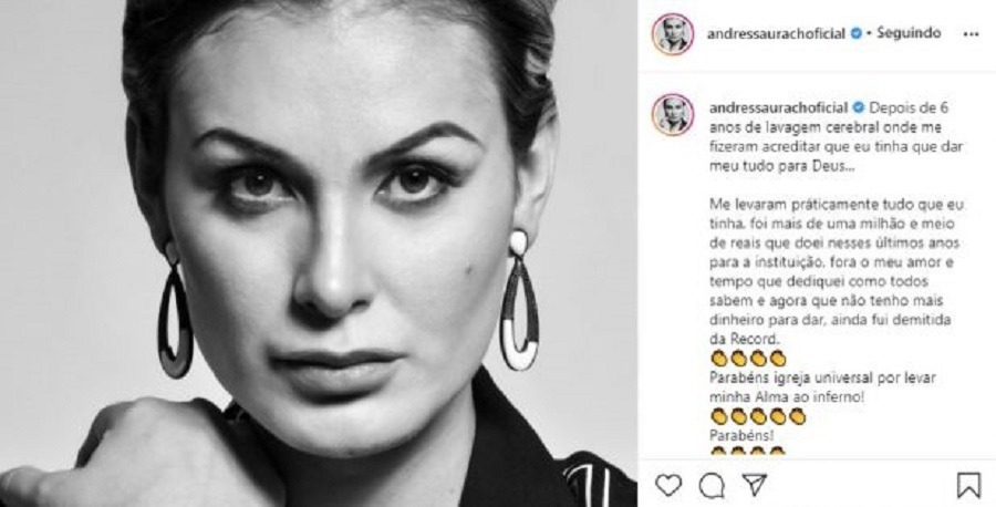 Foto de Andressa Urach em close e em preto em branco e, ao lado, a legenda de sua foto no Instagram detonando a Igreja Universal. Legenda citada no texto.