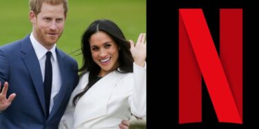 Harry e Meghan abraçados sob um fundo verde à esquerda e o logotipo da Netflix sob um frundo preto à direita