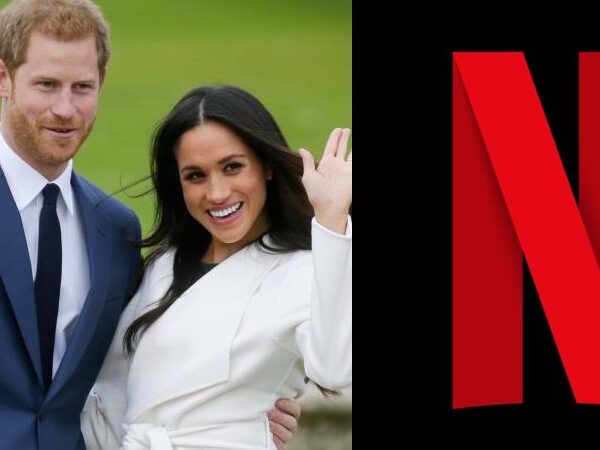 Harry e Meghan abraçados sob um fundo verde à esquerda e o logotipo da Netflix sob um frundo preto à direita