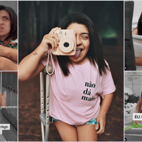 Montagem com várias imagens da humorista Pequena Lô em diferentes momentos de suas redes sociais