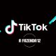 Logotipo do TikTok seguido do logotipo de A Fazenda, ambos sobre um fundo escuro com detalhes claros em tons de branco, azul e rosa