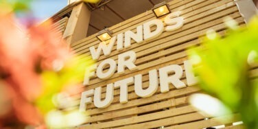 Logotipo da Winds for Future em uma parede de madeira com flores