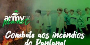 Imagem da campanha criada por fãs do BTS com a frase COmbate aos Incêndios do Pantanal e a foto do BTS