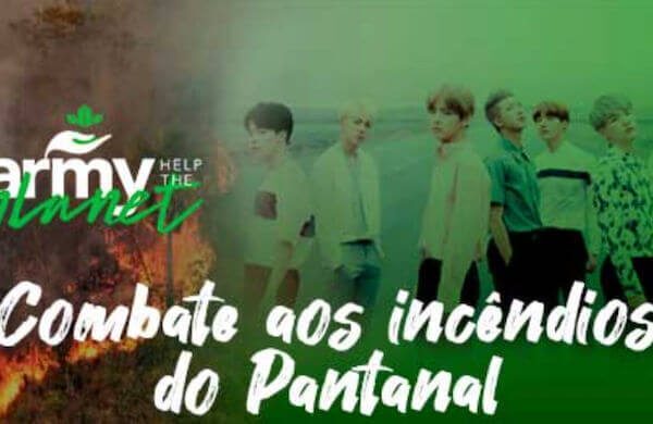 Imagem da campanha criada por fãs do BTS com a frase COmbate aos Incêndios do Pantanal e a foto do BTS