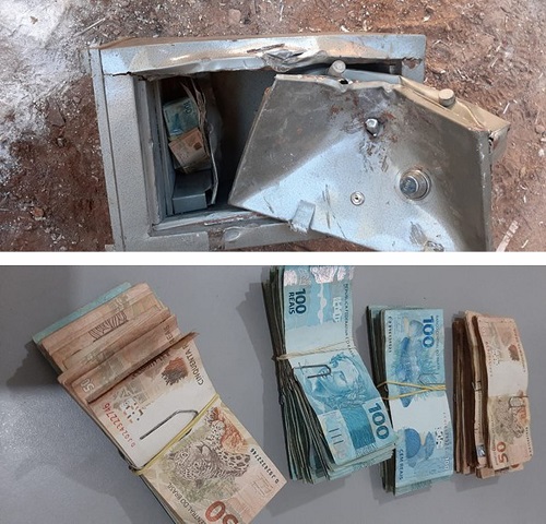 Imagens do cofre que foi encontrado no lixo (acima) e do muito dinheiro que havia dentro dele (embaixo)