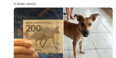 Imagem do Twitter com a nova nota de R$200 à esquerda e a imagem de um vira-lata caramelo à direita com o texto "O Banco Central Atendeu a Pedidos e fez a nota de 200 reais com o vira-lata caramelo. O Twitter venceu".