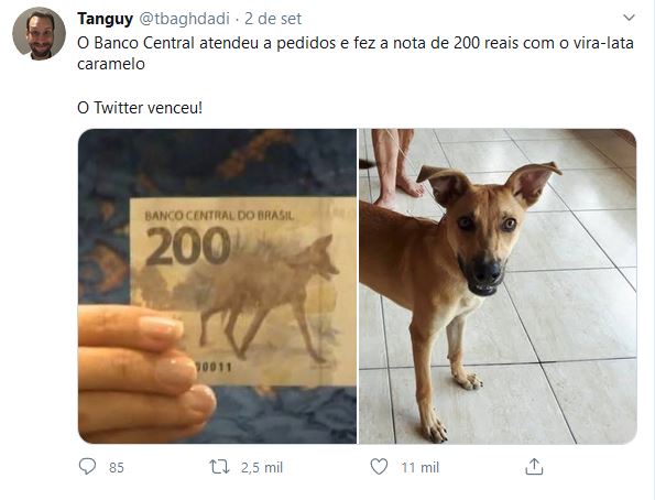 Imagem do Twitter com a nova nota de R$200 à esquerda e a imagem de um vira-lata caramelo à direita com o texto "O Banco Central Atendeu a Pedidos e fez a nota de 200 reais com o vira-lata caramelo. O Twitter venceu".