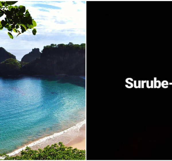 à esquerda, imagem de uma praia de Fernando de Noronha e à direita, a frase "surube-se"