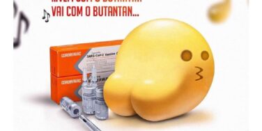 Bum Bum Tam Tam: Meme do emoji "Bota" ao lado de uma caixa da CoronaVac e os dizeres "Vem com o Butantã"