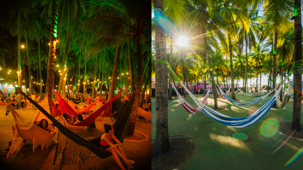 Público relaxando no Redário do Festival Zepelim com vista para o mar