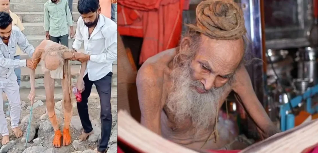 Siyaram Baba, suposto homem 188 anos, bem debilitado sendo resgatado da caverna