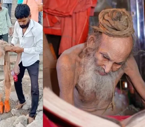 Siyaram Baba, suposto homem 188 anos, bem debilitado sendo resgatado da caverna